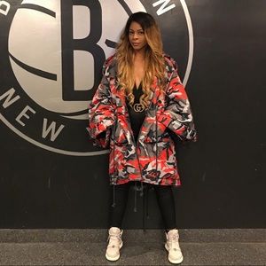 Red camouflage print hooded kimono coat